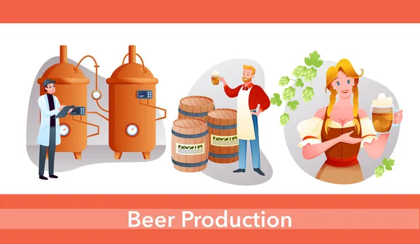 Cartel educativo de Cartoon info con línea de procesamiento automatizado de fabricación, tecnología de la industria de bebidas aislada en blanco. Proceso de producción de cerveza en la infografía de la cervecería proceso vector ilustración. — Vector de stock