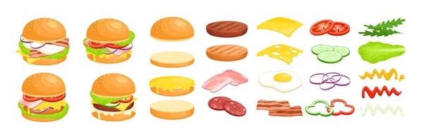 Κινούμενα σχέδια Fastfood χάμπουργκερ συλλογή με φρέσκια φέτα λαχανικών, λιωμένο τυρί, σάλτσες, ψωμάκι και κρέας cutlet για cheeseburger απομονώνονται σε λευκό, Burger συστατικά τροφίμων διανυσματικά εικονογράφηση σετ — Διανυσματικό Αρχείο