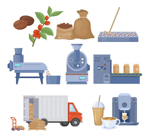 Koffie productie vector illustratie set. Verwerking en roosteren van koffiebonen, koffie zetten. — Stockvector