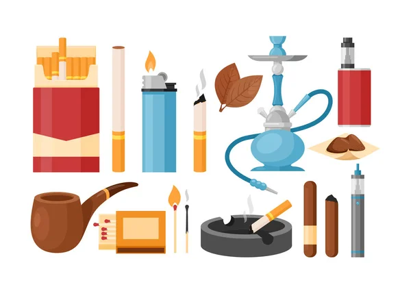 Ensemble de tabac fumeur, collection de fumeurs de dessins animés avec cendrier à cigarettes à la nicotine cigare — Image vectorielle