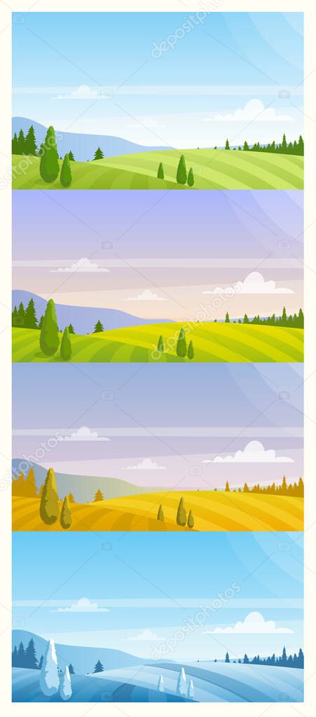 Cartoon panoramic countryside natural scenery in summer spring autumn winter background. Nature landscape in different seasons vector illustration set.