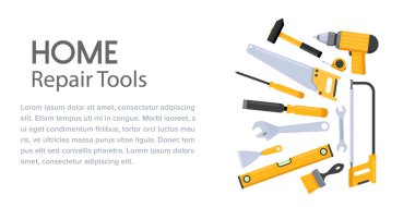 Marangozluk ve tadilat için profesyonel tamir ekipmanları. Çizgi film ustası alet çantası, inşaatçı şapkası, boya fırçası, çekiç ve tornavida testeresi..