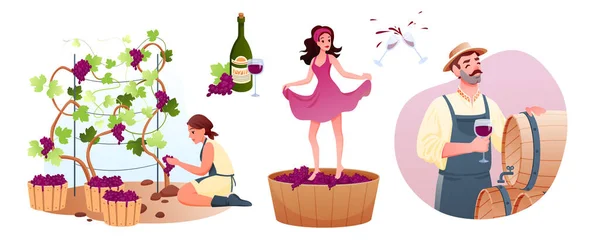 Producción de vino en bodega tradicional. Personajes de la mujer del hombre de dibujos animados producen vid natural, cultivan uvas orgánicas, producen productos de vino, degustan bebidas alcohólicas del barril de madera. — Vector de stock