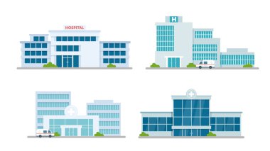 Hastane binası tıbbi ofis vektör çizimi seti. Çizgi roman modern tıp kliniği gökdelenleri koleksiyonu, dış cephe hastanesi dış görünüşü ambulans arabası ve beyaz üzerine izole edilmiş büyük pencereler..