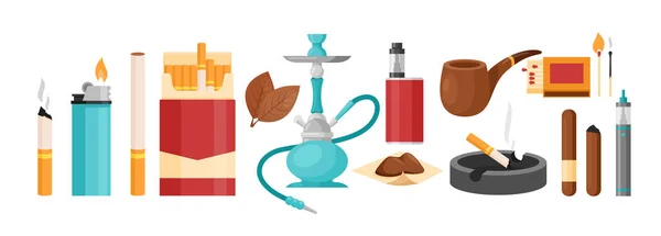 Kolekcja palaczy z papierosem nikotynowym w pudełku lub popielniczce, wapnem z zapalniczką cygara i liśćmi tytoniu. Zestaw do palenia tytoniu. — Wektor stockowy