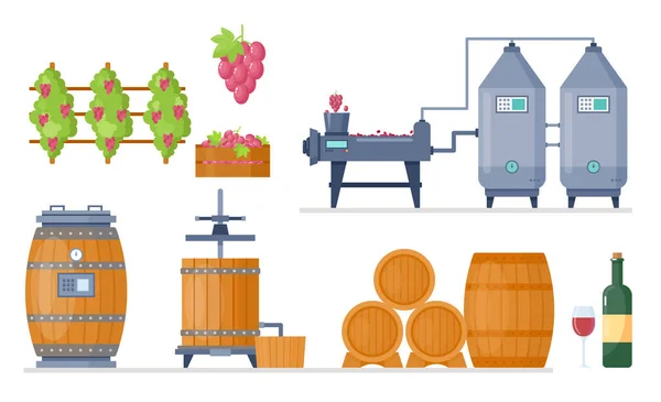 Vinproduktion process i vingård fabrik tillverkning vektor illustration set. Tecknad bearbetningslinje med växande druvor, jäsningsmaskin, pressning och lagring av vinprodukter på träfat. — Stock vektor