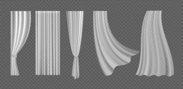 Gordijnset, 3D realistisch uitwaaierend gordijn collectie van witte stof zijden doek — Stockvector