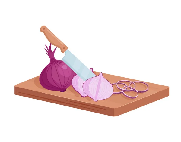 Cut red onion on chopping board, isometric knife cutting vegetable on wooden board