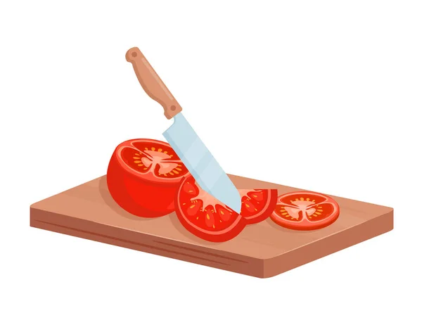 Pomidor cięcie nożem szefa kuchni izometryczne gotowanie świeży zdrowy posiłek z warzyw — Wektor stockowy