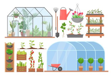 Greenhouse flower plant vegetable cultivation set, cartoon glasshouses for planting