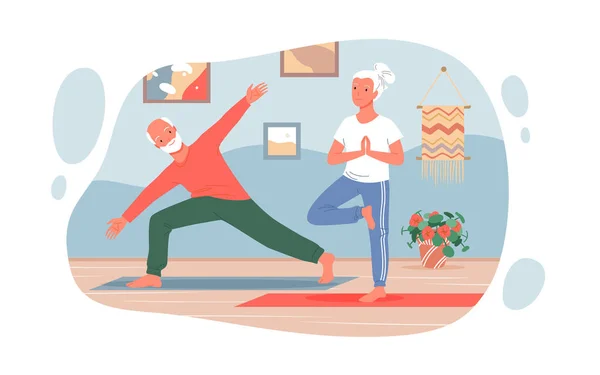 Old people practice yoga sport exercises at home, cute active elderly couple training — 스톡 벡터