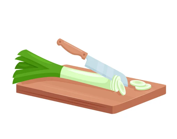Cut leeks for cooking, isometric fresh green leeks chopped slices lie on wooden board — Image vectorielle