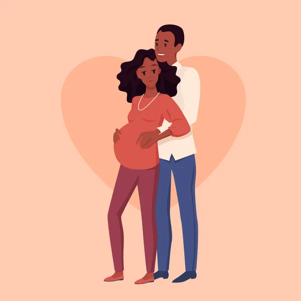 Happy young family, pregnancy motherhood, man woman couple standing together, hugging — Stockvektor