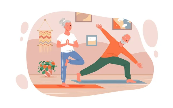 Elderly couple people do yoga exercises, stretching on sport fitness workout at home — Stock Vector