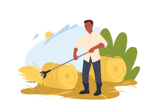 Agricultor trabajando en el campo, trabajador del pueblo recogiendo heno con horca en pajar redondo — Vector de stock