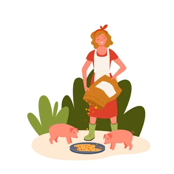 Концепция свиноводства, фермерская аграрная женщина кормит милых свиней домашними животными — стоковый вектор