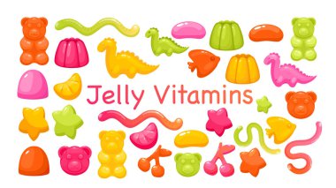 Şekerleme, reçel, vitamin seti, renkli parlak, tatlı, sulu marmelat koleksiyonu.