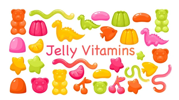 Candy chewy jelly vitamins set, colorful glossy sweet gummy juicy marmalade collection — Stock Vector