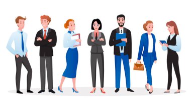 İşyeri çalışanları hazır, mutlu iş adamı ve iş kadını ayakta, gülümsüyor.