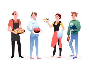 Yemek servisi çalışanlarının seti, mutlu profesyonel kadın sırayla ayakta duruyor.