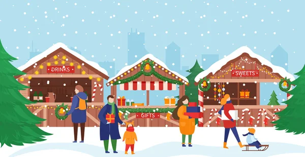 Menschen auf dem Weihnachtsmarkt, Menschenmassen flanieren neben Ständen mit süßen Geschenken — Stockvektor