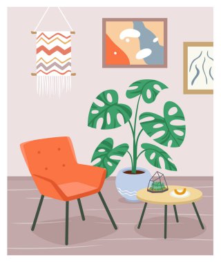 Boho evlerinin içi, modern koltuklar, oturma odası mobilyaları, İskandinav konforlu evleri.