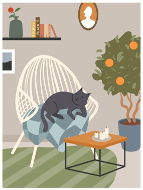 İskandinav kızlık zarı koltuklu rahat iç mekan, oturma odasında uyuyan sevimli kedi.