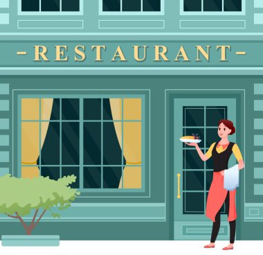 Restoran şehir cephesi, önlüklü mutlu garson, girişte duruyor.