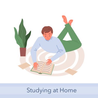 Evde eğitim, ders çalışan genç bir öğrenci, halıya uzanmış, gazete okuyor.