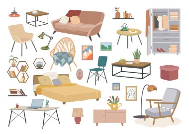 Evin iç dekorasyon mobilyaları, gardırop yataklı koltuk koltuğu masa lambası.