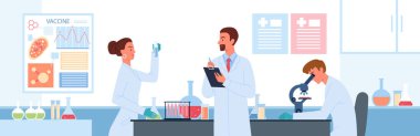 Çizgi film bilim adamı karakterleri koronavirüs aşısı geliştirir ve laboratuvar analizlerini deney tüpünde tutarlar. İnsanlar aşı geliştirme bilim laboratuvarı vektör çiziminde çalışıyor.