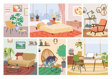 İskandinav Hygge Evi iç dekorasyon seti, rahat ev, yatak odası, oturma odası