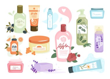 Cilt bakımı seti için eko kozmetik ürünleri, organik şampuan duş jeli, aroma temizleyici, yüz kremi.