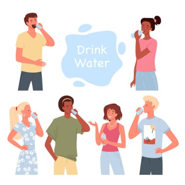 People drink water set, bearded man, guy holding glass, woman standing with water bottle vector People drink water set, bearded man, guy holding glass, woman standing with water bottle vector