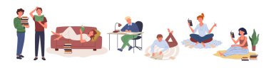 Çizgi film çocuğu elinde kitapçıdan ya da kitapçıdan kitap destesi tutuyor, tatlı kız karakteri rahat bir kanepede uzanıyor ve arka planda kağıt kitap okuyor. İnsanlar evde vektör illüstrasyonunda öğrenim görüyor ya da çalışıyorlar