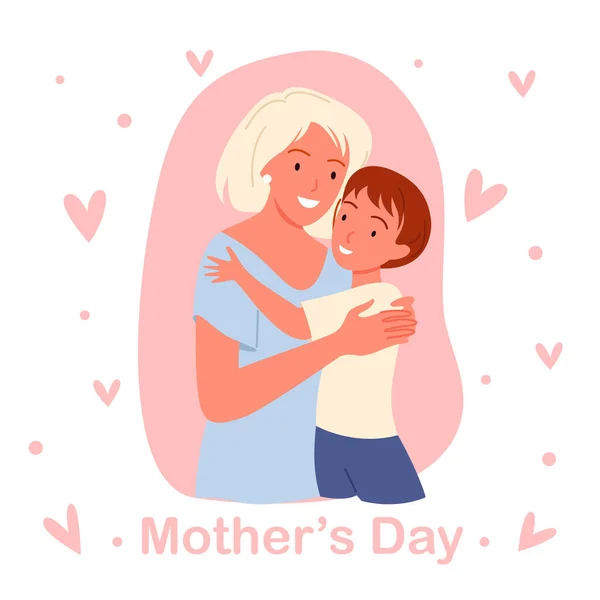 Tecknad ung glad mamma hålla baby pojke i händerna med kärlek, mor kärleksfull och kramar baby kid, rosa gratulationskort affisch mall. Mödrars dag koncept. — Stock vektor