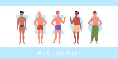 Male body of different type, diversity group of men in underwear or swimsuits standing clipart