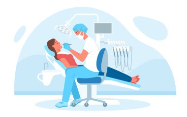 Hastanede dişçi muayenesi, maskeli doktor hasta dişlerini muayene ediyor.