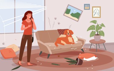 Evcil köpek sahibi vektör çizimi sorunu. Çizgi film, köpeğini dağınıklık ve hasarlı mobilyalar için azarlayan, evcil köpek yavrusu hayvan arka planının kötü davranışları hakkında hayal kırıklığına uğramış kadın karakteri.
