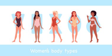Female model body type, young happy women in underwear swimsuits standing together clipart