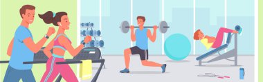 Spor salonu vektör illüstrasyonunda spor yapan insanlar. Koşu bandında koşan aktif genç kadın sporcu karakterler spor salonunun arka planında vücut geliştirici kaslar..
