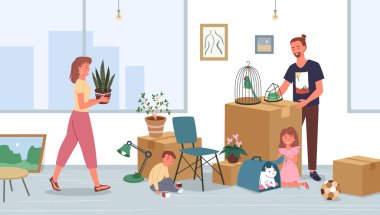 Mutlu aile taşınır, yeni bir eve taşınır ya da ev vektör çizimi yapar. Çizgi film babaları, anne ve oğulları çocukları taşınacak eşyaları yerleştiren ya da paketleyen karakterler, taşınma geçmişi.