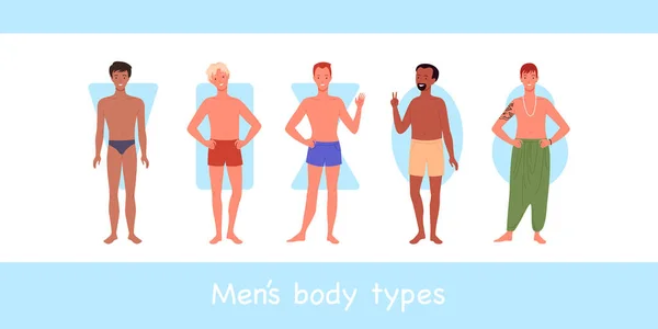 Cuerpo masculino de diferente tipo, diversidad grupo de hombres en ropa interior o trajes de baño de pie — Vector de stock