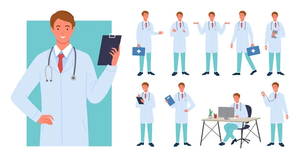 Doctor man poseert infographic set, jonge mannelijke professionele arts houden noodgeval doos — Stockvector