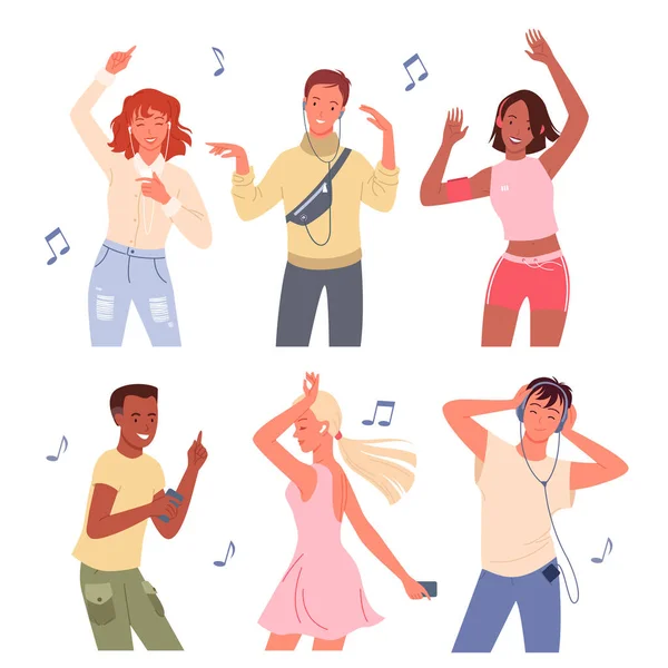Cartoon young happy man and woman group of dancer characters listen to music with headphones and dance, crowd of friends on dance party isolated on white, dancing people. — Stock Vector
