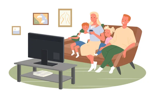 Familia feliz ver televisión o películas, sentarse en el sofá de casa, personaje madre beber café — Vector de stock