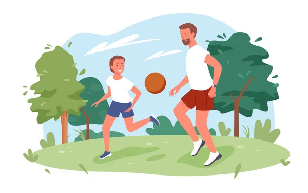 La gente de la familia juega pelota en el parque de verano de la naturaleza de la ciudad, padre e hijo jugando divertido juego deportivo — Vector de stock