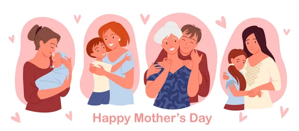 Concepto feliz día de las madres con gente linda familia amor, cuidado y abrazo tarjeta de felicitación conjunto — Vector de stock