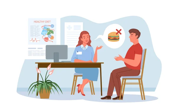 Nutriční prohlídka, konverzace v nemocnici. Cartoon dietitian žena a muž pacient postavy mluvit o zdravé stravě, bez cukru zdravé potraviny izolované na bílém. — Stockový vektor