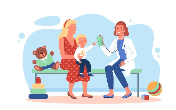 Familia feliz en el chequeo pediatra, médico mujer y niño niño paciente jugando juntos — Archivo Imágenes Vectoriales